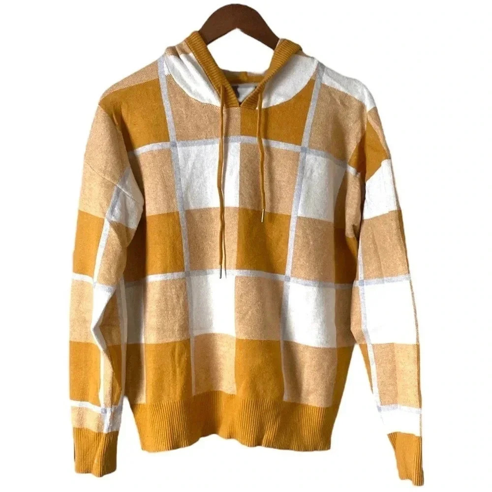 RACHEL ROY | Plaid Print Mustard/White Hooded Pullover Knit Sweatshirt Size L